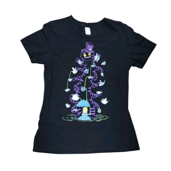 Alice in Wonderland Graphic TShirt Cheshire Cat Tea Party Smile Size Small Black - Picture 1 of 9